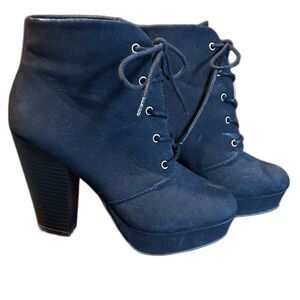 Roxy Black Faux Suede Lace Up Chunky Heel Ankle Boots Boho Cottagecore Sz 6